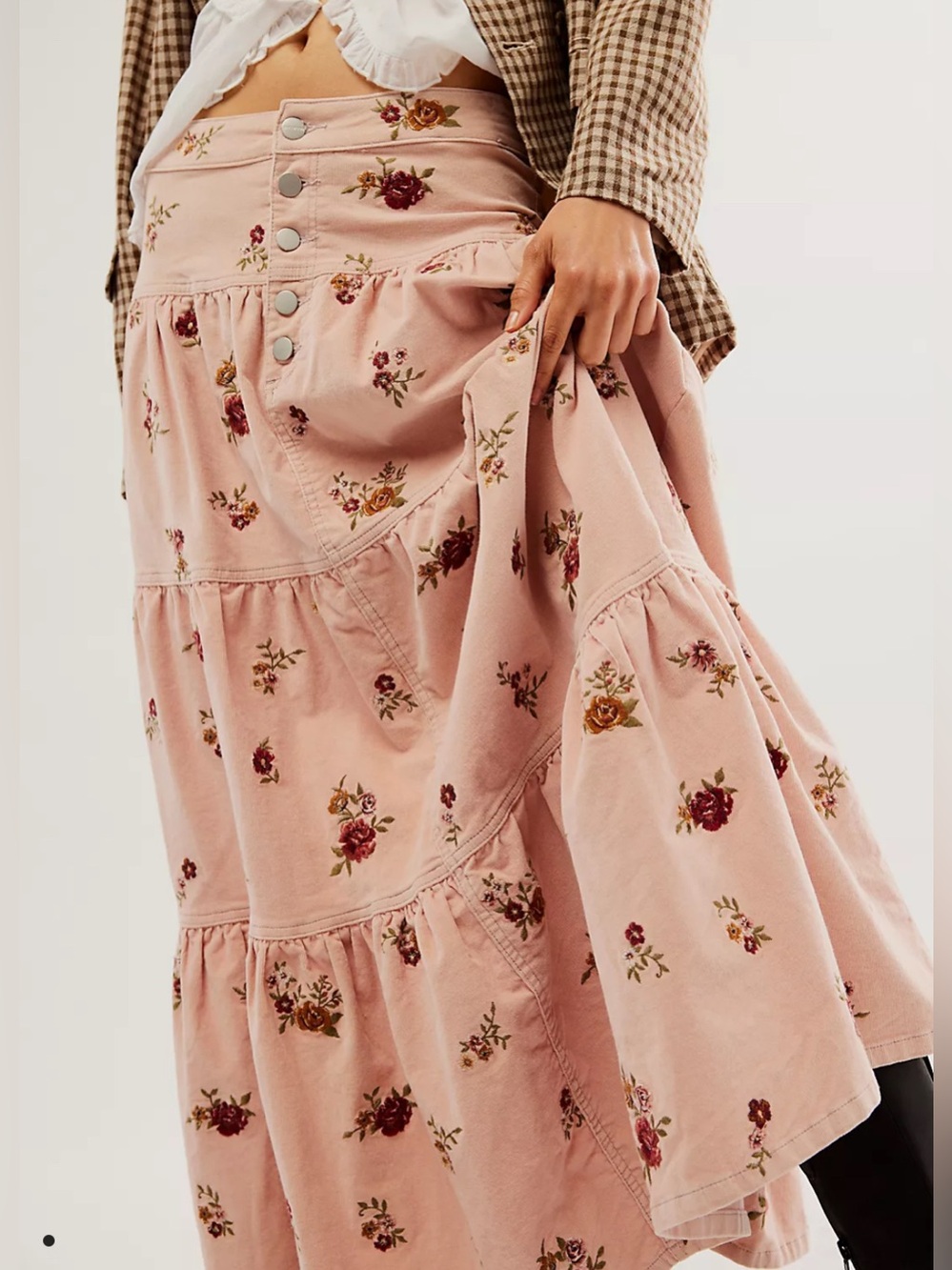 Free People X Driftwood Cord Maxi Skirt Floral Tiered Rose Pink Sz Small